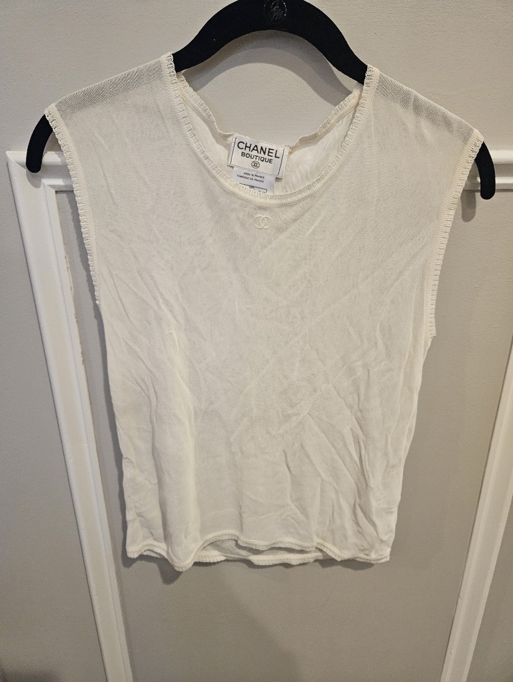 Vintage CHANEL Boutique Off White Sleeveless Knit Sheer Tank Size 36